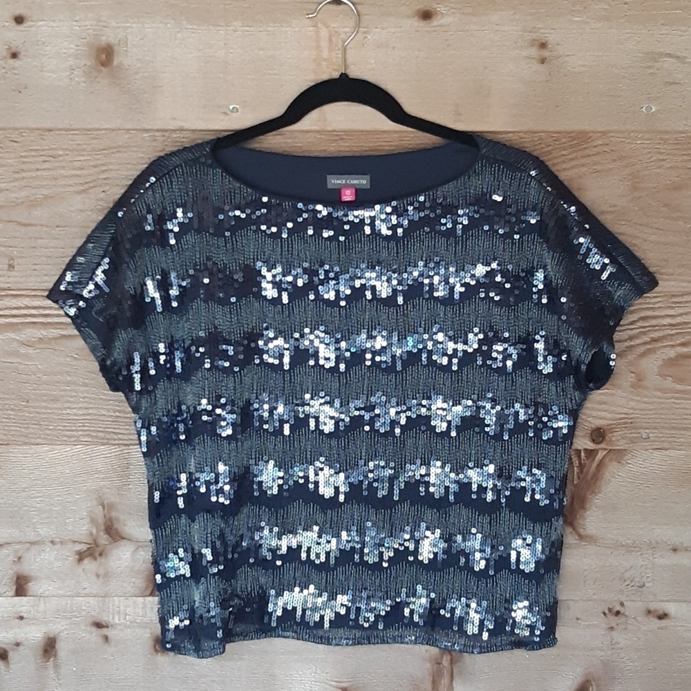 Vince Camuto Navy Sequin Boxy Top Size XSmall